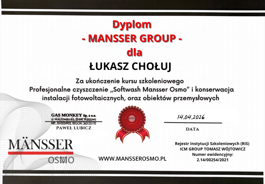 Certyfikat Mansser Osmo – Łukasz Chołuj